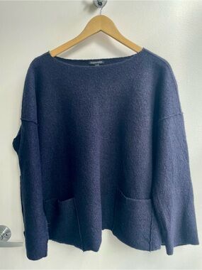 Eileen Fisher Patch Pocket Boiled Wool Sweater in Midnight Colour Small/Medium